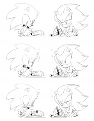 Size: 1418x1816 | Tagged: safe, artist:bb_meronpan, shadow the hedgehog, sonic the hedgehog, 2025, blushing, comic, drawing, duo, frown, gay, greyscale, holding something, lidded eyes, looking at each other, looking at them, marker pen, monochrome, shadow x sonic, shipping, simple background, sketch, smile, white background