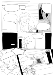 Size: 1032x1466 | Tagged: safe, artist:bb_meronpan, sonic the hedgehog, ..., 2025, blank speech bubble, comic, greyscale, holding something, lidded eyes, monochrome, mouth open, sketch, solo, speech bubble, standing, walking