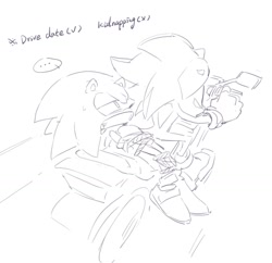 Size: 1268x1228 | Tagged: safe, artist:bb_meronpan, shadow the hedgehog, sonic the hedgehog, ..., 2025, duo, english text, gagged, gay, greyscale, kidnapping, lidded eyes, monochrome, motorcycle, rope, shadow x sonic, shipping, simple background, sitting, sketch, tied up, white background