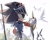 Size: 908x728 | Tagged: safe, artist:bb_meronpan, shadow the hedgehog, bird, sonic and the black knight, 2025, armor, daytime, helmet, holding something, literal animal, looking offscreen, male, simple background, sir lancelot, solo, standing, sword, weapon, white background