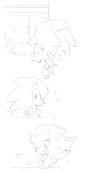 Size: 870x1708 | Tagged: safe, artist:bb_meronpan, shadow the hedgehog, sonic the hedgehog, 2025, comic, duo, fish, greyscale, literal animal, looking at each other, looking at them, monochrome, simple background, sketch, standing, water, white background