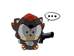 Size: 822x620 | Tagged: safe, artist:bb_meronpan, shadow the hedgehog, ..., 2025, chibi, cute, gun, holding something, sega cooro, shadowbetes, shadowed face, simple background, sitting, solo, white background