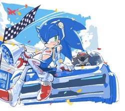 Size: 1120x994 | Tagged: safe, artist:bb_meronpan, shadow the hedgehog, sonic the hedgehog, 2025, alternate outfit, car, clouds, daytime, duo, flag, grin, holding something, jacket, looking at viewer, megaphone, outdoors, simple background, sitting, smile, white background