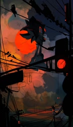 Size: 712x1228 | Tagged: safe, artist:bb_meronpan, shadow the hedgehog, 2025, backlighting, clouds, from behind, outdoors, sketch, solo, standing, sun, traffic light