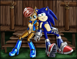Size: 1300x998 | Tagged: safe, artist:zeiram0034, sally acorn, sonic the hedgehog, chipmunk, hedgehog, 2011, building, cybernetic, duo, female, house, knothole, looking at each other, male, sally x sonic, sally's vest and boots, shipping, straight