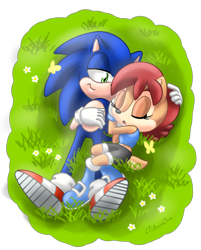 Size: 2700x3354 | Tagged: safe, artist:donkeyinthemiddle, sally acorn, sonic the hedgehog, chipmunk, hedgehog, 2013, butterfly, daytime, duo focus, female, flower, grass, grass field, hand on another's head, literal animal, looking at them, lying down, male, quartet, sally x sonic, sally's ringblader outfit, shipping, sleeping, straight