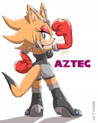 Size: 1638x2048 | Tagged: safe, artist:steve_j_art, oc, oc:aztec the kangaroo, 2023, boxing gloves, character name, eyelashes, flexing, hand on hip, kangaroo, looking at viewer, looking back, looking back at viewer, oc only, sideboob, simple background, smile, solo, text, white background