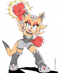 Size: 1638x2048 | Tagged: safe, artist:steve_j_art, oc, oc:aztec the kangaroo, 2023, arm up, boxing gloves, cleavage, kangaroo, mouth open, oc only, open smile, punching, simple background, smile, solo, standing, white background