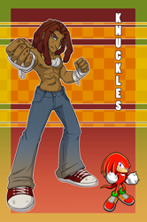 Size: 1030x1550 | Tagged: safe, artist:simonsoys, knuckles the echidna, human, 2013, abstract background, character name, clenched fists, dark skin, english text, frown, humanized, looking at viewer, reference inset, solo, species swap, standing, text, topless