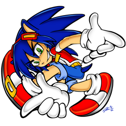 Size: 1080x1080 | Tagged: safe, artist:lazaruscross, sonic the hedgehog, human, 2025, adventure pose, eye clipping through hair, eyebrow clipping through hair, goggles, humanized, looking at viewer, partially humanized, pointing, posing, signature, simple background, smile, smiling at viewer, solo, species swap, style emulation, uekawa style, white background