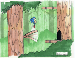 Size: 2000x1548 | Tagged: safe, artist:yasushi yamaguchi, sonic the hedgehog, sonic the hedgehog 2, classic sonic, concept art, jungle, official artwork, outdoors, solo, tree, vine, wood zone
