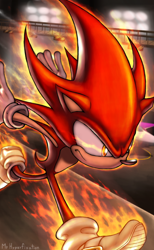 Size: 2260x3660 | Tagged: safe, artist:mrnoiceart, sonic the hedgehog, abstract background, fan transformation, fire, fire sonic, frown, looking ahead, looking offscreen, outdoors, running, solo, treads