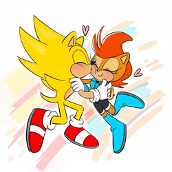 Size: 2550x2550 | Tagged: safe, artist:twincubcakes, sally acorn, sonic the hedgehog, super sonic, chipmunk, hedgehog, 2025, abstract background, duo, female, floating, heart, kiss, male, sally x sonic, sally's ringblader outfit, shipping, straight, super form, watermark