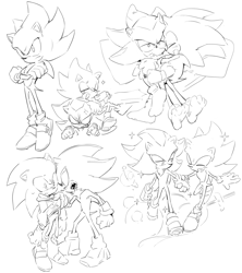 Size: 1696x1908 | Tagged: safe, artist:bb_meronpan, shadow the hedgehog, sonic the hedgehog, super sonic, 2025, angry, arms folded, blushing, duo, eyes closed, frown, gay, greyscale, holding hands, lidded eyes, looking at each other, looking at them, lying down, monochrome, mouth open, shadow x sonic, shipping, simple background, sketch, smile, standing, super form, white background