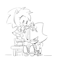 Size: 846x850 | Tagged: safe, artist:bb_meronpan, amy rose, metal sonic, 2025, bow, classic amy, duo, greyscale, looking at them, monochrome, robot, simple background, sitting, sketch, smile, standing, white background