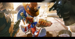 Size: 2464x1314 | Tagged: safe, artist:bb_meronpan, sonic the hedgehog, 2025, alternate outfit, chili dog, food, grin, group, gun, hand behind head, hat, holding something, indoors, legs crossed, sheriff outfit, sheriff sonic, sitting, smile