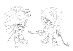Size: 1688x1178 | Tagged: safe, artist:bb_meronpan, shadow the hedgehog, sonic the hedgehog, 2025, cosplay, duo, greyscale, grin, hat, holding something, hood, hood up, looking at viewer, monochrome, puss in boots, simple background, sketch, smile, standing, weapon, white background, wink