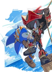 Size: 973x1333 | Tagged: safe, artist:bb_meronpan, shadow the hedgehog, sonic the hedgehog, 2025, alternate outfit, clenched teeth, clouds, daytime, duo, earring, gay, grin, hat, holding something, looking at each other, looking at them, outdoors, pirate outfit, rope, shadow x sonic, shipping, smile, water