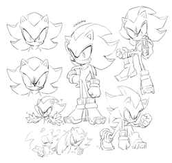 Size: 1808x1704 | Tagged: safe, artist:bb_meronpan, shadow the hedgehog, sonic the hedgehog, 2025, clenched fist, clenched fists, cross popping vein, duo, eyes closed, frown, greyscale, grin, gun, holding something, monochrome, simple background, sketch, smile, standing, white background