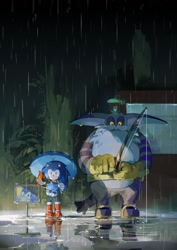 Size: 1228x1736 | Tagged: safe, artist:bb_meronpan, big the cat, froggy, sonic the hedgehog, chao, 2025, alternate shoes, boots, fishing pole, group, holding something, leaf, my neighbor totoro, outdoors, parody, rain, shadow chao, sign, sonic chao, standing, umbrella, water