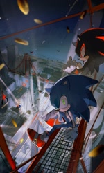 Size: 1046x1738 | Tagged: safe, artist:bb_meronpan, shadow the hedgehog, sonic the hedgehog, sonic adventure 2, 2025, bridge, city, duo, looking at viewer, nighttime, outdoors, radical highway, ring, sitting, smile, standing