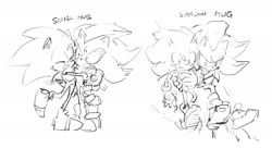 Size: 2048x1116 | Tagged: safe, artist:bb_meronpan, shadow the hedgehog, sonic the hedgehog, sonic prime, 2025, duo, english text, eyes closed, gay, greyscale, hand on another's chest, hugging, looking at them, monochrome, mouth open, shadow x sonic, shipping, simple background, sketch, smile, standing, white background