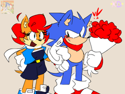 Size: 1280x960 | Tagged: safe, artist:rowanxd, sally acorn, sonic the hedgehog, chipmunk, hedgehog, 2025, classic sally, classic sonic, duo, female, flower, holding something, male, pointing, redraw, sally x sonic, sally's ringblader outfit, shipping, simple background, straight