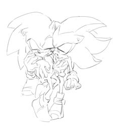 Size: 1140x1240 | Tagged: safe, artist:bb_meronpan, shadow the hedgehog, sonic the hedgehog, 2025, arm around shoulders, blushing, duo, gay, greyscale, hand on another's chest, lidded eyes, looking at each other, looking at them, monochrome, mouth open, shadow x sonic, shipping, simple background, sitting, sketch, white background