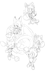 Size: 1058x1686 | Tagged: safe, artist:bb_meronpan, oc, 2025, candy, greyscale, group, holding something, jar, monochrome, mouth open, oc only, simple background, sitting, sketch, smile, standing, white background