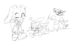 Size: 1724x1038 | Tagged: safe, artist:bb_meronpan, cream the rabbit, sonic the hedgehog, 2025, duo, falling, greyscale, monochrome, mouth open, running, simple background, sketch, smile, white background, wink