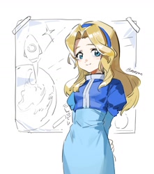 Size: 1140x1290 | Tagged: safe, artist:bb_meronpan, maria robotnik, human, 2025, earth, hands behind back, looking at viewer, planet, simple background, smile, solo, spaceship, standing, white background