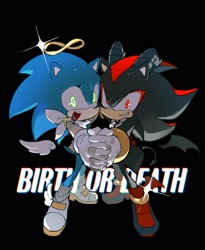 Size: 1296x1582 | Tagged: safe, artist:bb_meronpan, shadow the hedgehog, sonic the hedgehog, 2025, alternate outfit, alternate shoes, angel wings, black background, duo, english text, gay, halo, holding hands, horns, looking at viewer, mouth open, shadow x sonic, shipping, simple background, smile, standing, wings