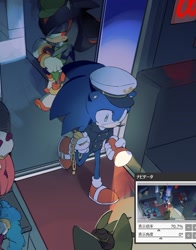 Size: 1094x1394 | Tagged: safe, artist:bb_meronpan, amy rose, miles "tails" prower, shadow the hedgehog, sonic the hedgehog, the murder of sonic the hedgehog, 2025, flashlight, group, holding something, japanese text, standing, walking