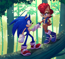 Size: 2000x1826 | Tagged: safe, artist:art-by-joeg02, sally acorn, sonic the hedgehog, chipmunk, hedgehog, 2026, duo, falling leaves, female, forest, holding hands, looking at each other, male, outdoors, sally x sonic, sally's vest and boots, shipping, smile, smiling at each other, straight, tree