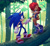 Size: 2000x1826 | Tagged: safe, artist:art-by-joeg02, sally acorn, sonic the hedgehog, chipmunk, hedgehog, 2026, duo, falling leaves, female, forest, holding hands, looking at each other, male, outdoors, sally x sonic, sally's vest and boots, shipping, smile, smiling at each other, straight, tree