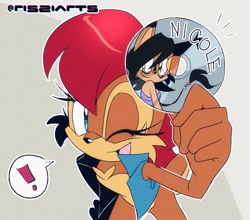 Size: 1131x994 | Tagged: safe, artist:risziarts, nicole the hololynx, sally acorn, chipmunk, lynx, 2026, duo, dvd disk, exclamation mark, female, holding something, hololynx, looking at viewer, nicole's purple wraps, sally's vest and boots