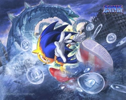 Size: 3276x2622 | Tagged: safe, artist:kornart3, amy rose, big the cat, chaos, e-102 gamma, knuckles the echidna, miles "tails" prower, perfect chaos, sonic the hedgehog, super sonic, sonic adventure, clouds, looking back, outdoors, ruins, running, super form