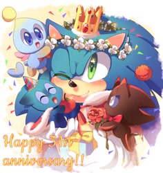 Size: 1376x1458 | Tagged: safe, artist:mikune_19, sonic the hedgehog, chao, 2022, apple, birthday, blushing, cape, carrying them, character chao, crown, english text, eyes closed, flower, flower crown, flying, food, fruit, group, hat, heart, holding something, holding them, looking offscreen, mid-air, neutral chao, one eye closed, party hat, present, rose, shadow chao, smile, sonic chao, text