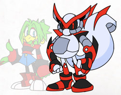 Size: 750x592 | Tagged: safe, artist:calebartboy15, tekno the canary, bird, 2023, black sclera, canary, duo, flat colors, looking at viewer, robot, shortfuse the cybernik, simple background, smile, solo focus, standing, white background