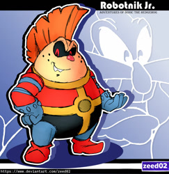 Size: 1280x1318 | Tagged: safe, artist:zeed_02, robotnik jr., human, 2025, abstract background, black sclera, character name, freckles, hand on hip, looking at viewer, outline, smile, solo, standing, text