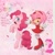 Size: 1440x1440 | Tagged: safe, artist:_bbutterfry, amy rose, abstract background, confetti, crossover, dialogue, duo, earth pony, looking at them, looking back, looking back at them, mouth open, my little pony, open smile, pinkie pie, pony, smile, watermark