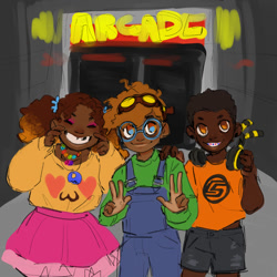 Size: 1000x1000 | Tagged: safe, artist:alittleminish, charmy bee, cream the rabbit, miles "tails" prower, human, 2022, alternate outfit, alternate universe, arcade, clothes, dark skin, duo, glasses, goggles, headphones, headphones around neck, humanized, looking at viewer, necklace, overalls, shorts, skirt, smile, species swap, standing, v sign