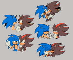 Size: 1793x1469 | Tagged: safe, artist:lunaliart, shadow the hedgehog, sonic the hedgehog, 2025, :3, blushing, duo, flat colors, frown, gay, grey background, holding each other, holding them, hugging, kiss, kiss on cheek, shadow x sonic, shipping, simple background, smile