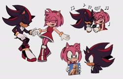 Size: 2048x1325 | Tagged: safe, artist:lunaliart, amy rose, shadow the hedgehog, 2025, amybetes, cute, dancing, duo, eyes closed, flat colors, holding each other, holding something, microphone, mouth open, musical notes, open smile, photo, shadowbetes, simple background, smile, white background