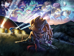 Size: 1100x838 | Tagged: safe, artist:glitcher, antoine d'coolette, beauregard rabbot, bunnie rabbot, miles "tails" prower, rouge the bat, sonic the hedgehog, bat, coyote, fox, hedgehog, rabbit, 2013, building, buntoine, coma, comforting, crying, duo focus, female, hospital bed, light, male, nighttime, quartet, shipping, sitting, straight, tears