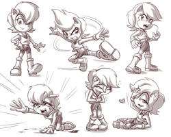 Size: 1148x920 | Tagged: safe, artist:glitcher, sally acorn, chipmunk, 2013, female, fighting, flirting, greyscale, heart, kicking, laughing, pose, sally's ringblader outfit, sally's vest and boots, solo, tears, wound