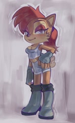 Size: 1464x2404 | Tagged: safe, artist:plilithspin, sally acorn, chipmunk, 2026, abstract background, alternate outfit, clothes, female, gloves, looking at viewer, pose, smile, smiling at viewer, solo