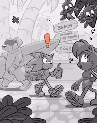 Size: 2550x3200 | Tagged: safe, artist:twincubcakes, sally acorn, sonic the hedgehog, bird, chipmunk, dog, hedgehog, 2026, alternate outfit, bikini, blushing, chili dog, clothes, drink, english text, exclamation mark, female, food, glasses, greyscale, group, holding something, hot dog, literal animal, looking at them, looking up, male, mouth open, noticing, open smile, palm tree, sally x sonic, sarong, shipping, shorts, sign, smile, soda, straight, surfboard, swimsuit, walking, watermark