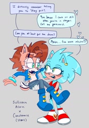 Size: 1280x1841 | Tagged: safe, artist:jubileenie, oc, oc:constance (stanz), oc:sullivan acorn, chipmunk, hedgehog, 2025, alternate universe, blushing, carrying them, clothes, dialogue, duo, ear piercing, english text, female, gender swap, grey background, heart, male, oc x oc, pants, piercing, ringblader, shipping, shorts, simple background, speech bubble, straight, vest