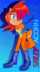 Size: 900x1600 | Tagged: safe, artist:shockingshampoo, sally acorn, chipmunk, 2026, character name, english text, female, gradient background, hair over one eye, looking at viewer, pose, sally's vest and boots, solo